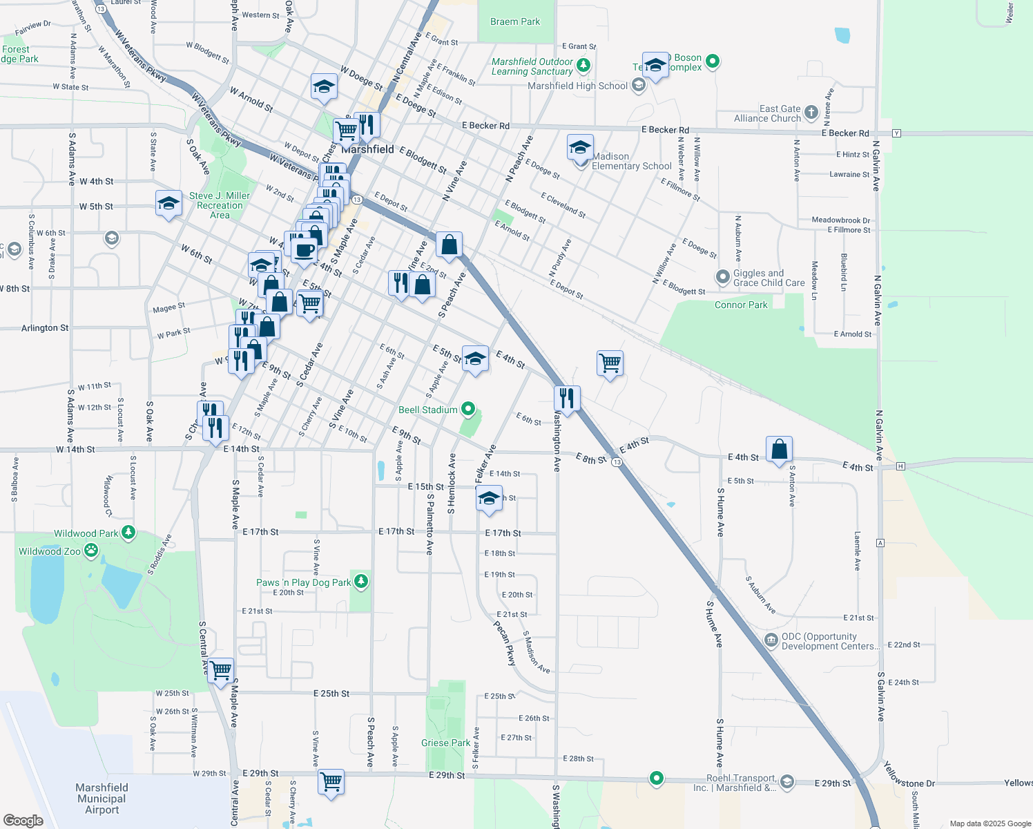 map of restaurants, bars, coffee shops, grocery stores, and more near 1212 East 6th Street in Marshfield