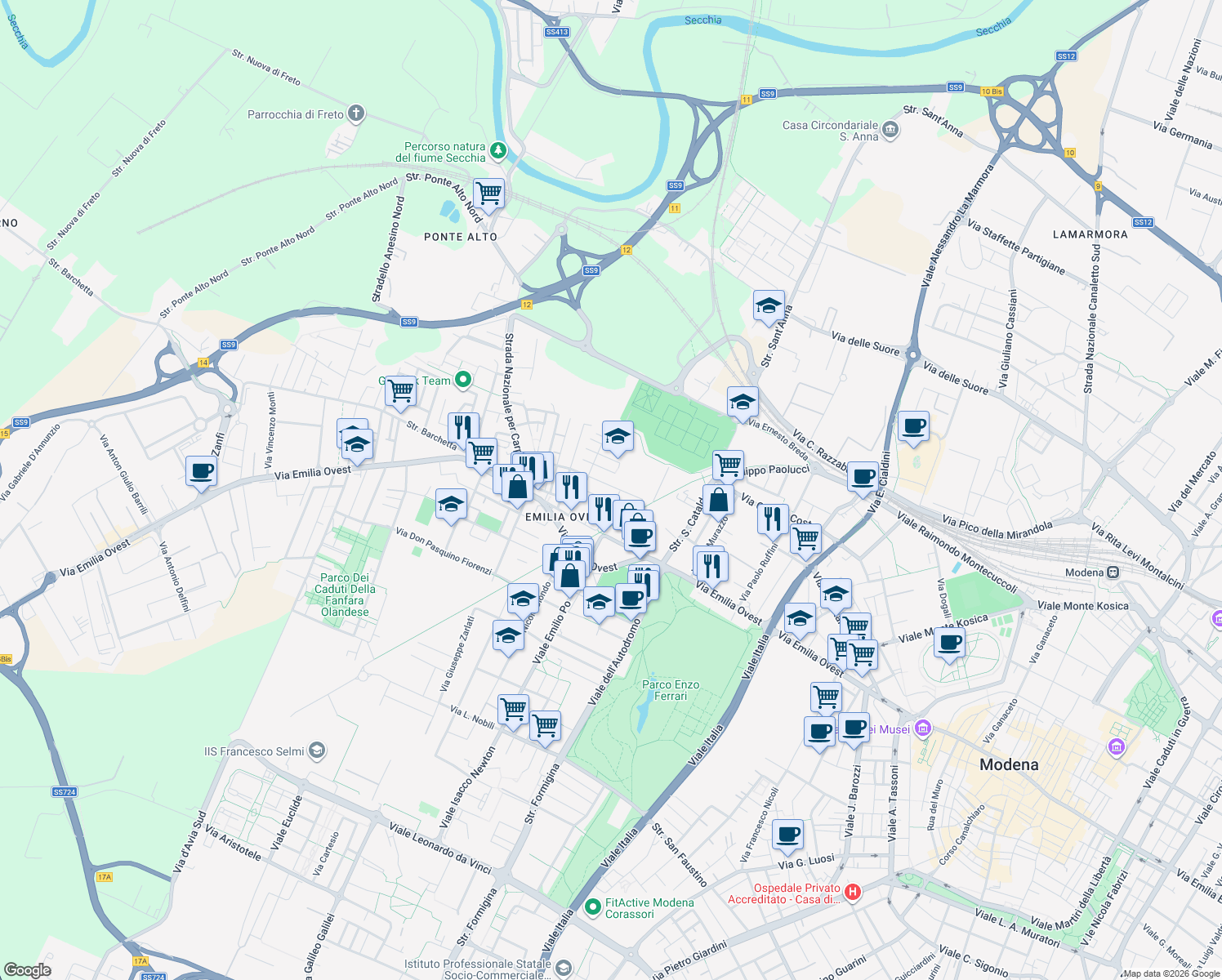 map of restaurants, bars, coffee shops, grocery stores, and more near 45 Via Edmondo de Amicis in Modena