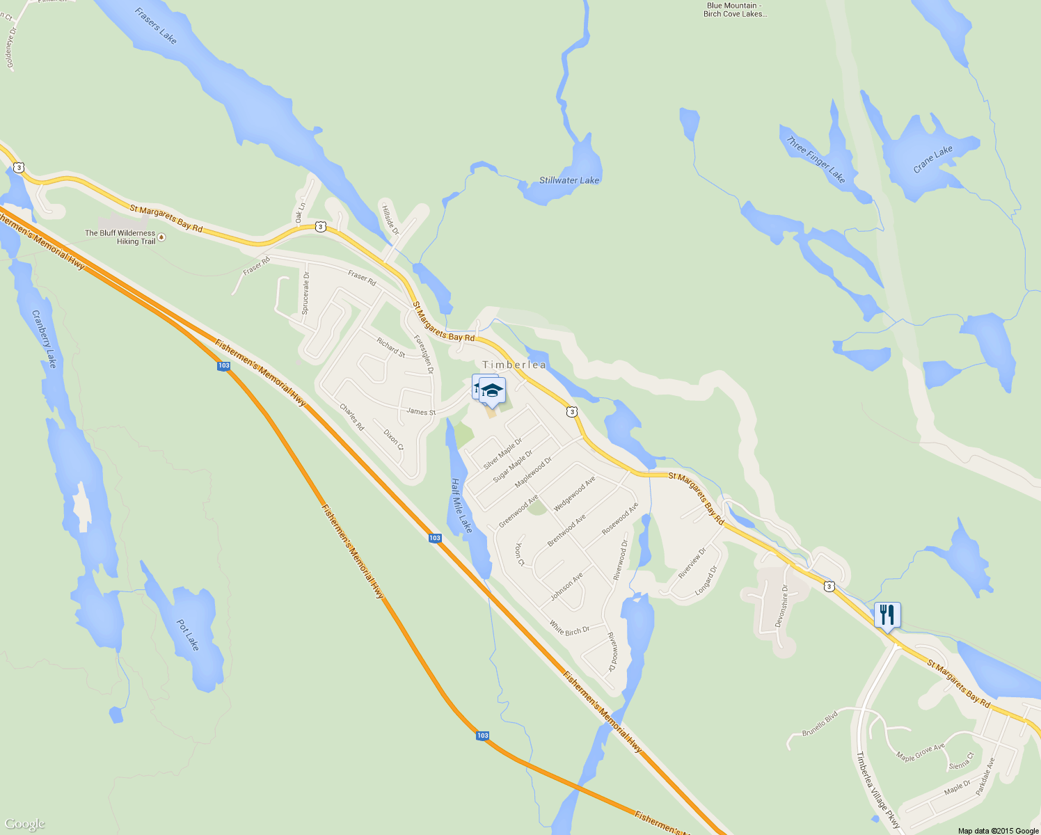 map of restaurants, bars, coffee shops, grocery stores, and more near 43 Cider Maple Drive in Timberlea