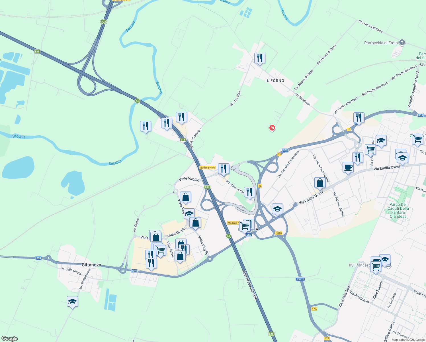 map of restaurants, bars, coffee shops, grocery stores, and more near 19 Strada Tre Olmi in Modena