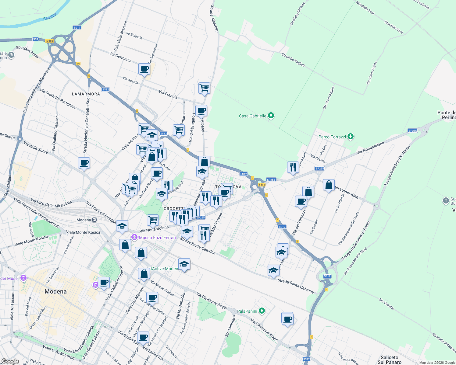 map of restaurants, bars, coffee shops, grocery stores, and more near in Modena