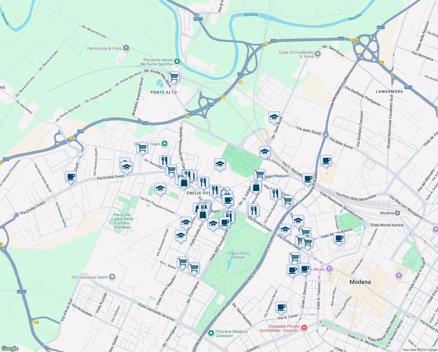 map of restaurants, bars, coffee shops, grocery stores, and more near 45 Via Edmondo De Amicis in Modena