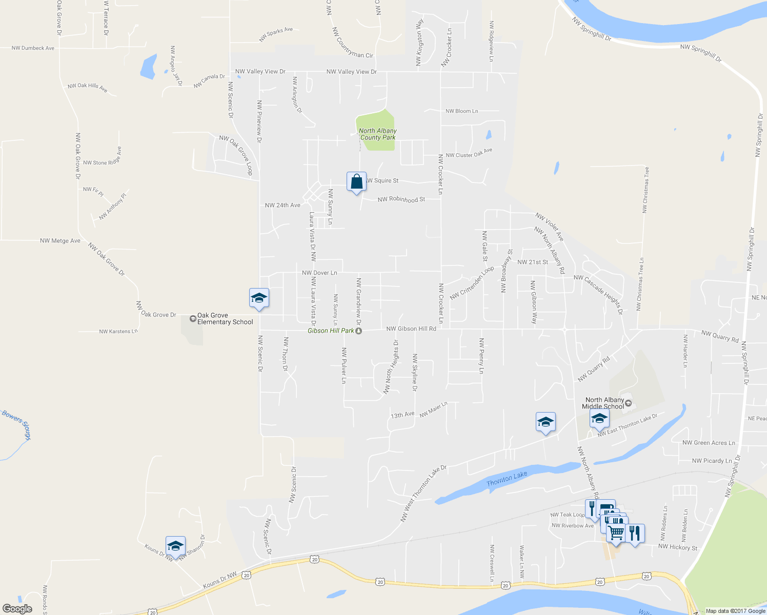 map of restaurants, bars, coffee shops, grocery stores, and more near 1819 Northwest Whitmore Avenue in Albany