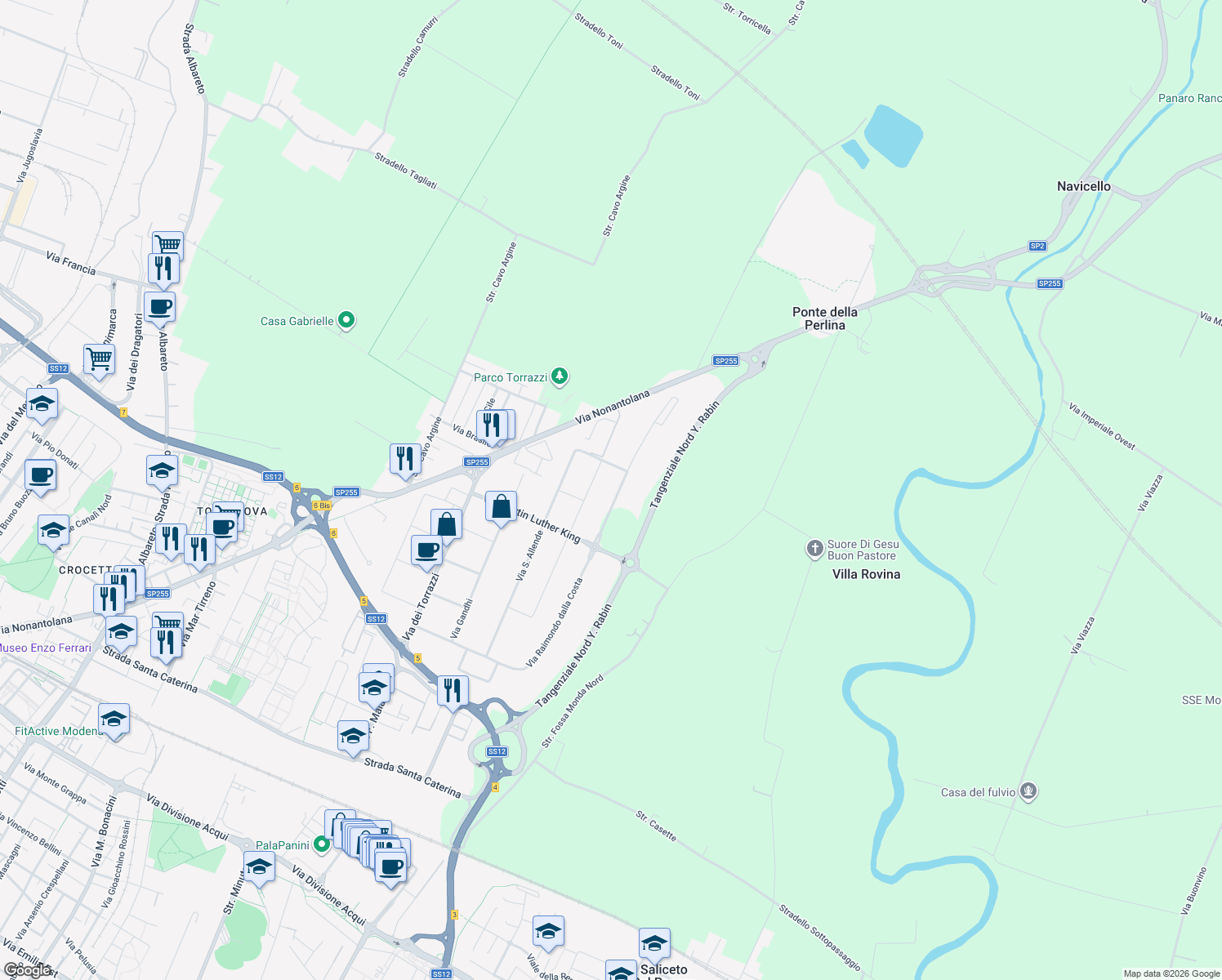 map of restaurants, bars, coffee shops, grocery stores, and more near 457 Via Raimondo dalla Costa in Modena