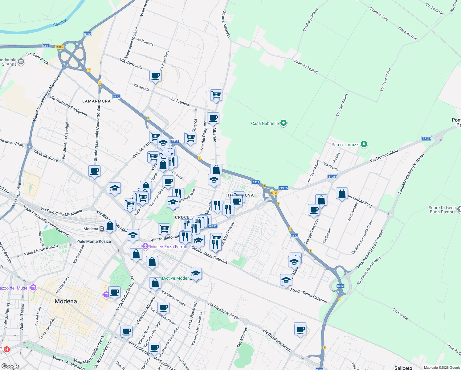 map of restaurants, bars, coffee shops, grocery stores, and more near in Modena