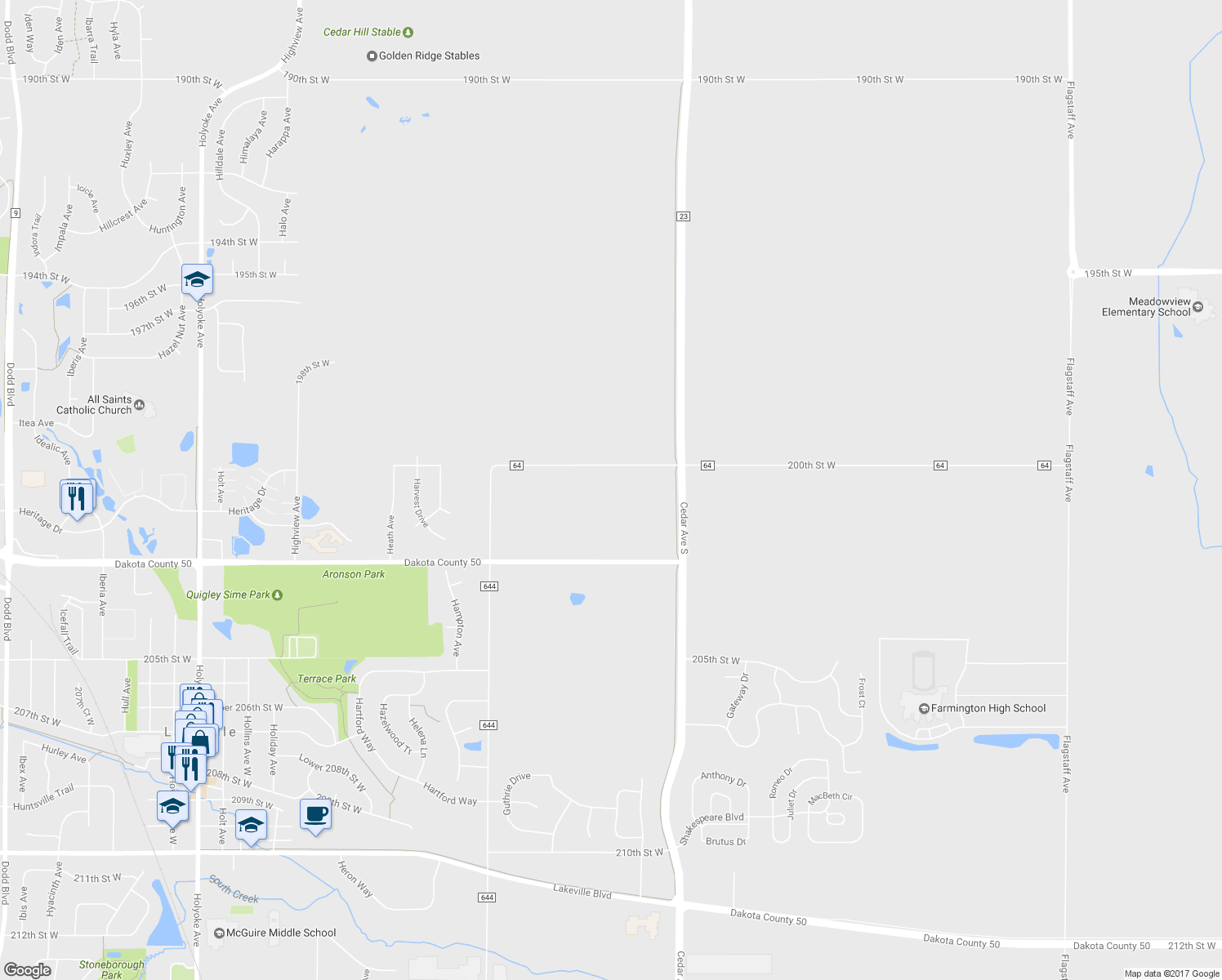 map of restaurants, bars, coffee shops, grocery stores, and more near 7690 200th Street West in Lakeville