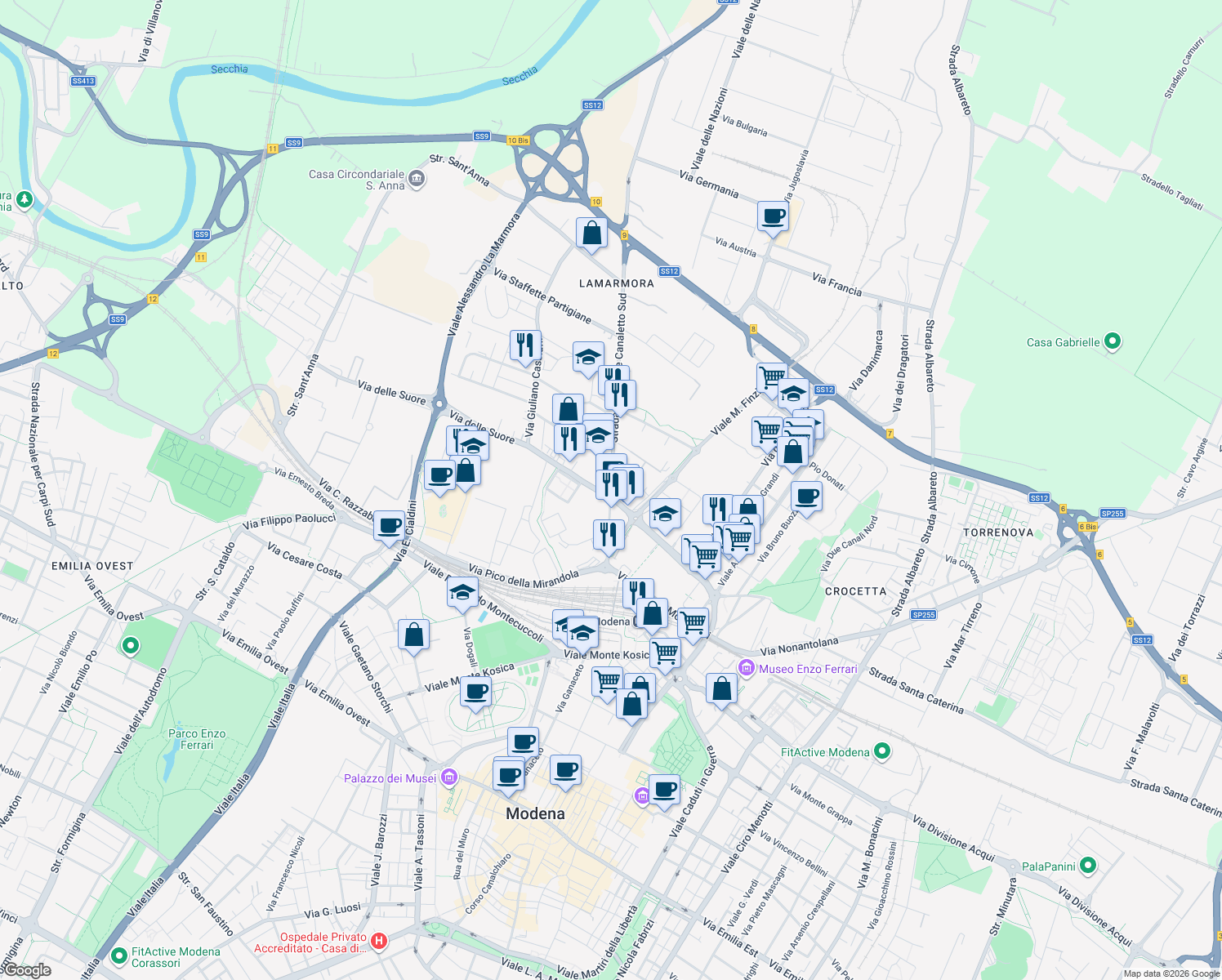 map of restaurants, bars, coffee shops, grocery stores, and more near 109 Strada Nazionale Canaletto Sud in Modena