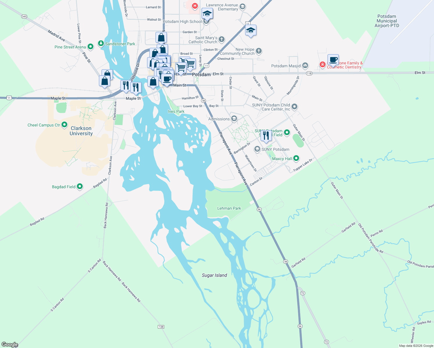 map of restaurants, bars, coffee shops, grocery stores, and more near 14 Hillcrest Dr in Potsdam