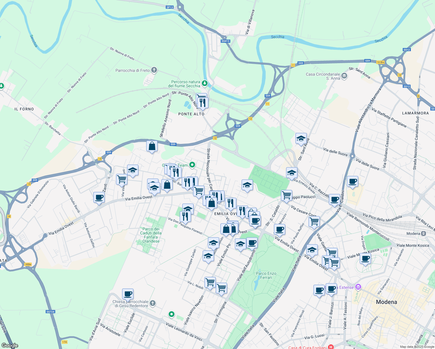 map of restaurants, bars, coffee shops, grocery stores, and more near 45 Via Brunetto Latini in Modena