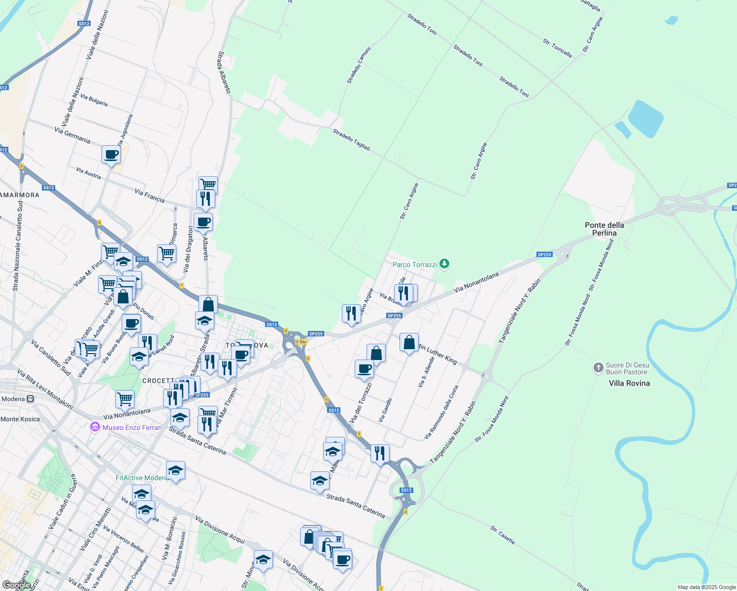 map of restaurants, bars, coffee shops, grocery stores, and more near 177 Via Brasile in Modena