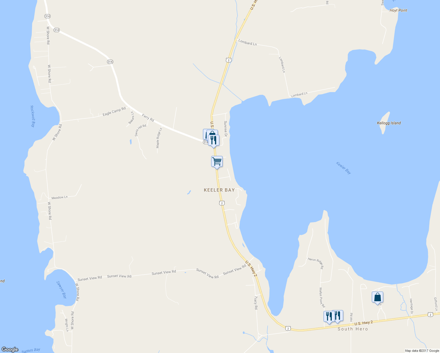 map of restaurants, bars, coffee shops, grocery stores, and more near 3 Cardinal Lane in South Hero