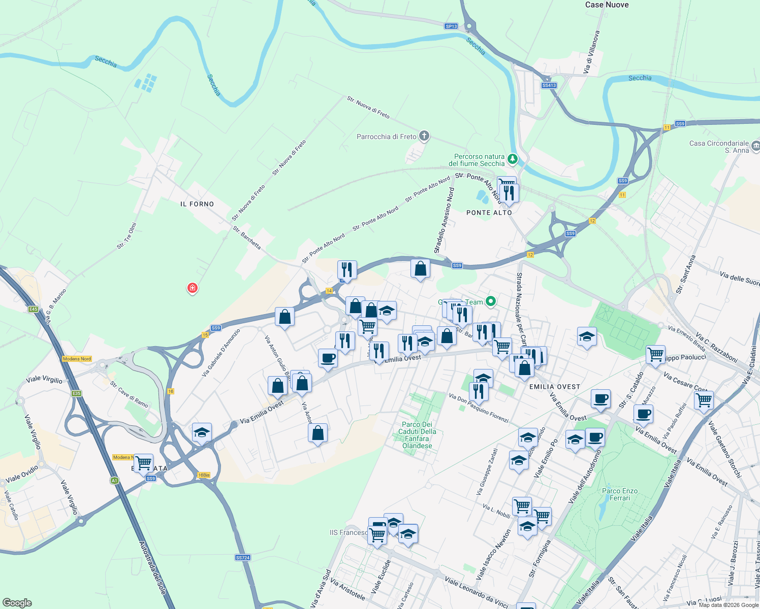 map of restaurants, bars, coffee shops, grocery stores, and more near 258 Strada Barchetta in Modena