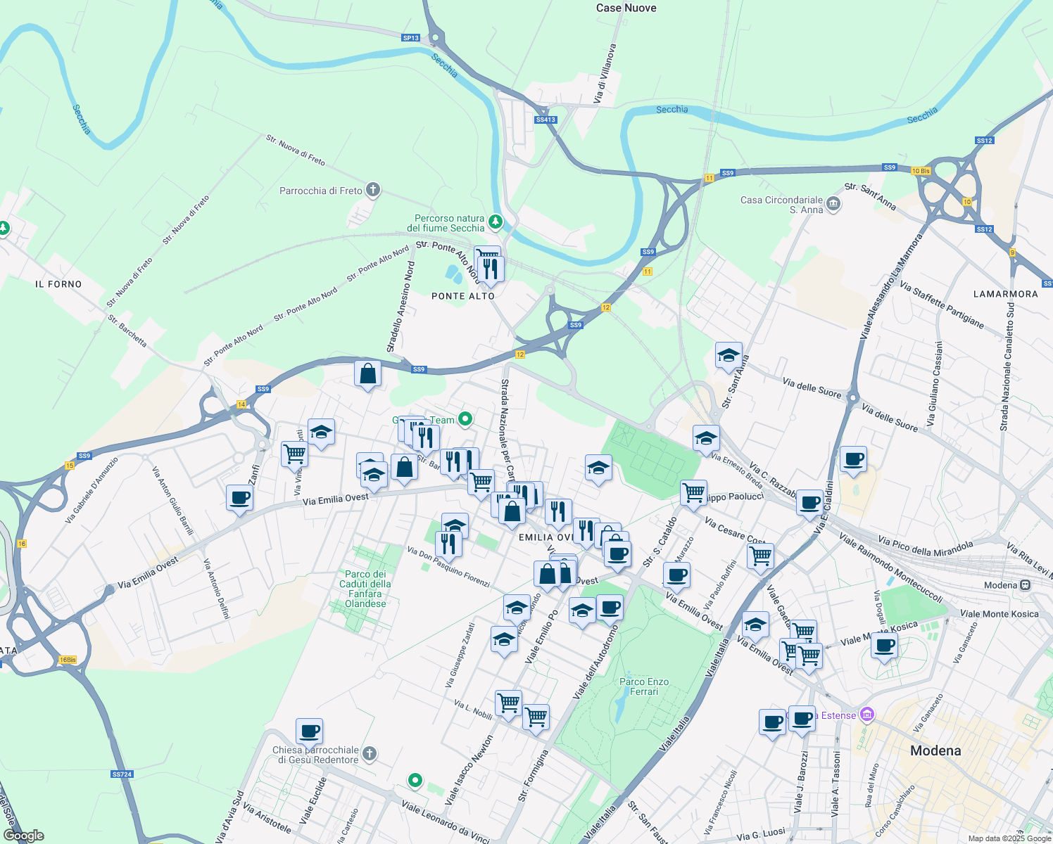 map of restaurants, bars, coffee shops, grocery stores, and more near 45 Via Brunetto Latini in Modena
