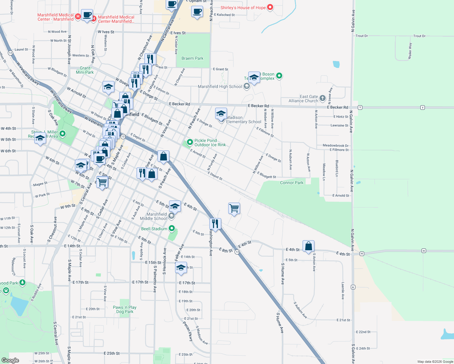 map of restaurants, bars, coffee shops, grocery stores, and more near 1309 East Depot Street in Marshfield