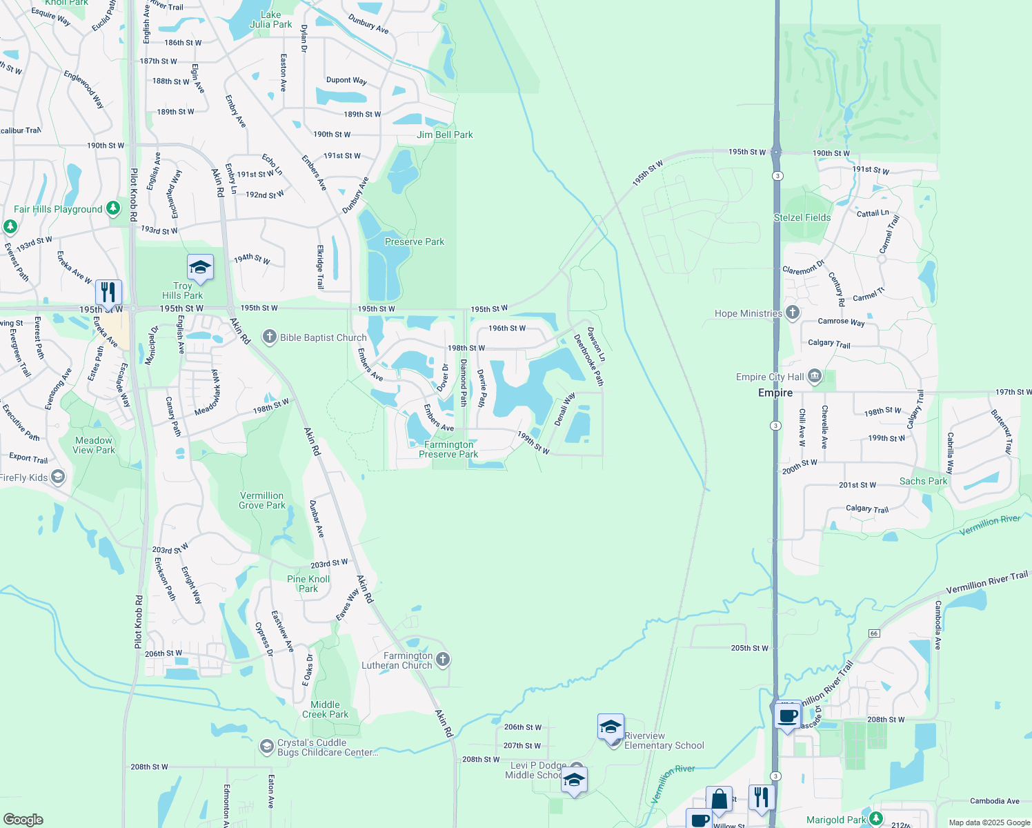 map of restaurants, bars, coffee shops, grocery stores, and more near 4557 199th Court West in Farmington
