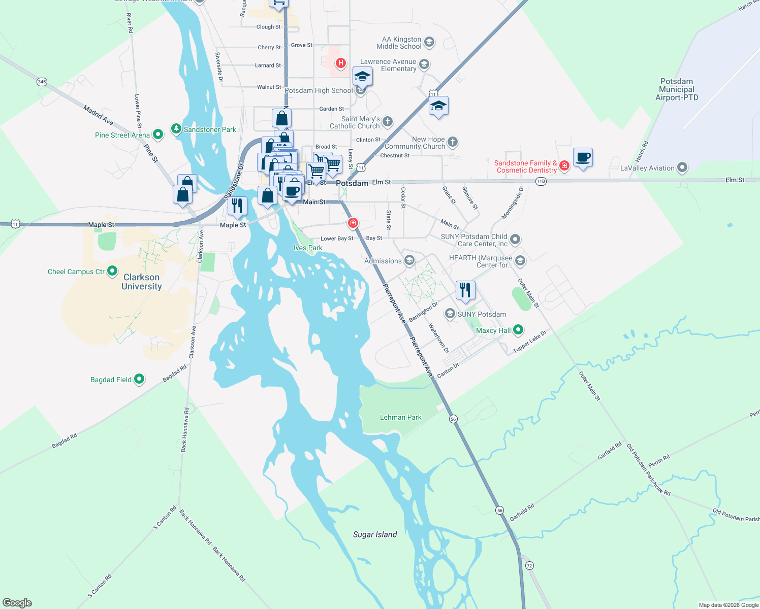 map of restaurants, bars, coffee shops, grocery stores, and more near 5 Barclay St in Potsdam