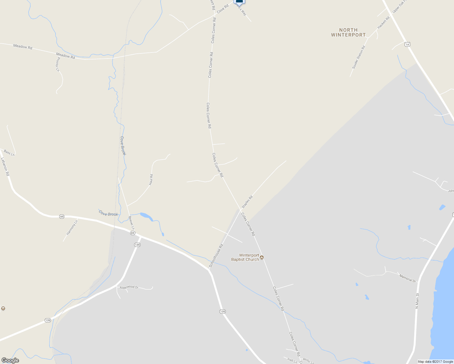 map of restaurants, bars, coffee shops, grocery stores, and more near 251 Coles Corner Road in Winterport