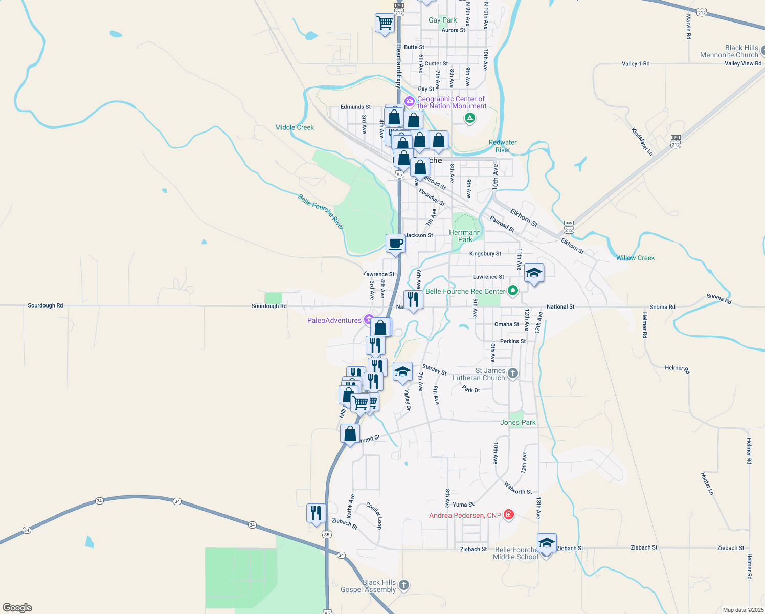map of restaurants, bars, coffee shops, grocery stores, and more near 398 National St in Belle Fourche
