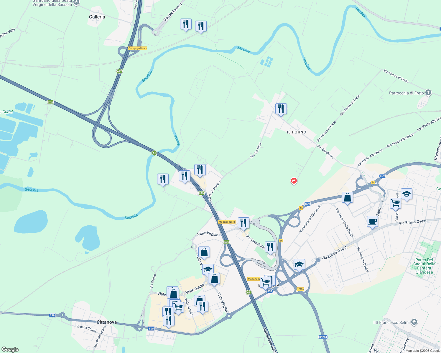map of restaurants, bars, coffee shops, grocery stores, and more near 19 Strada Tre Olmi in Modena