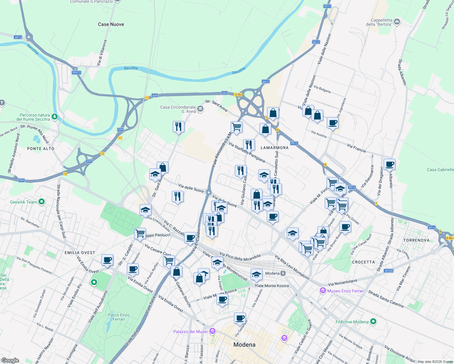 map of restaurants, bars, coffee shops, grocery stores, and more near 55 Via Benedetto Croce in Modena