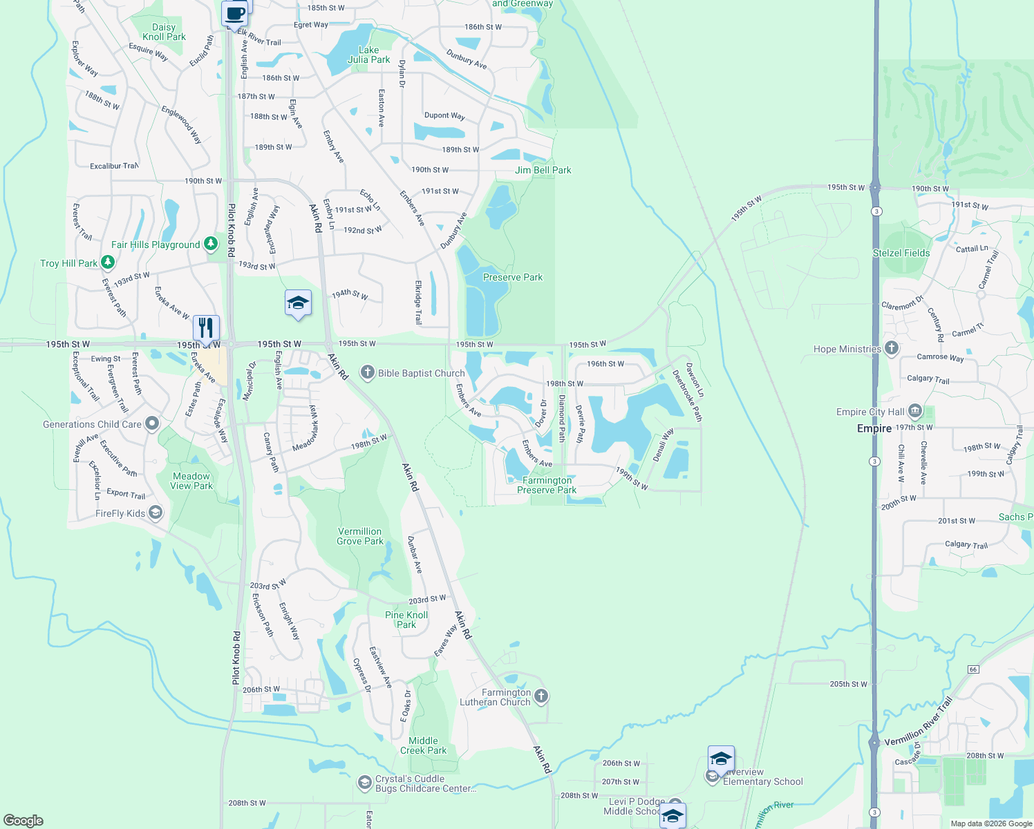 map of restaurants, bars, coffee shops, grocery stores, and more near 19854 Embers Avenue in Farmington