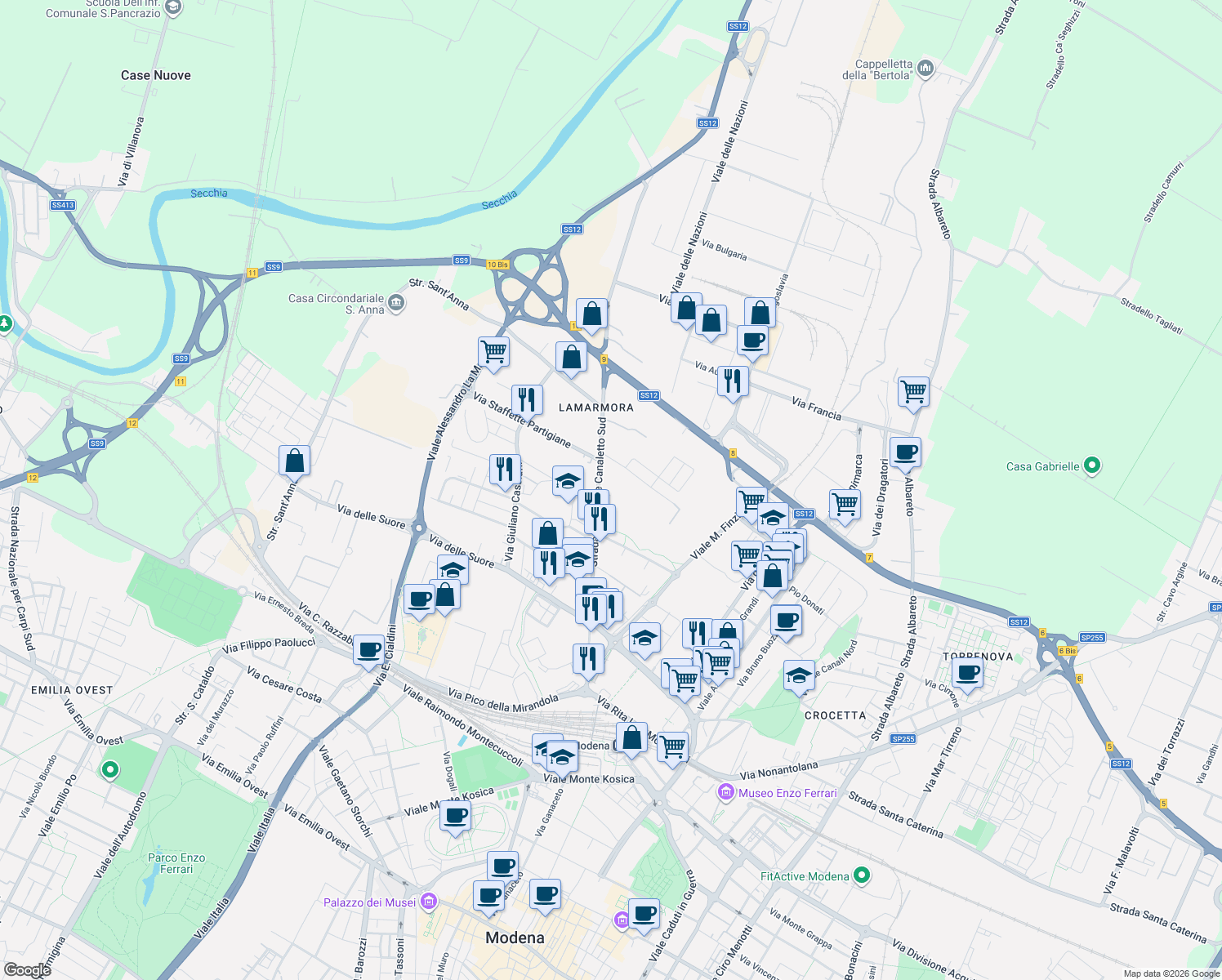 map of restaurants, bars, coffee shops, grocery stores, and more near 266 Via Canaletto Sud in Modena