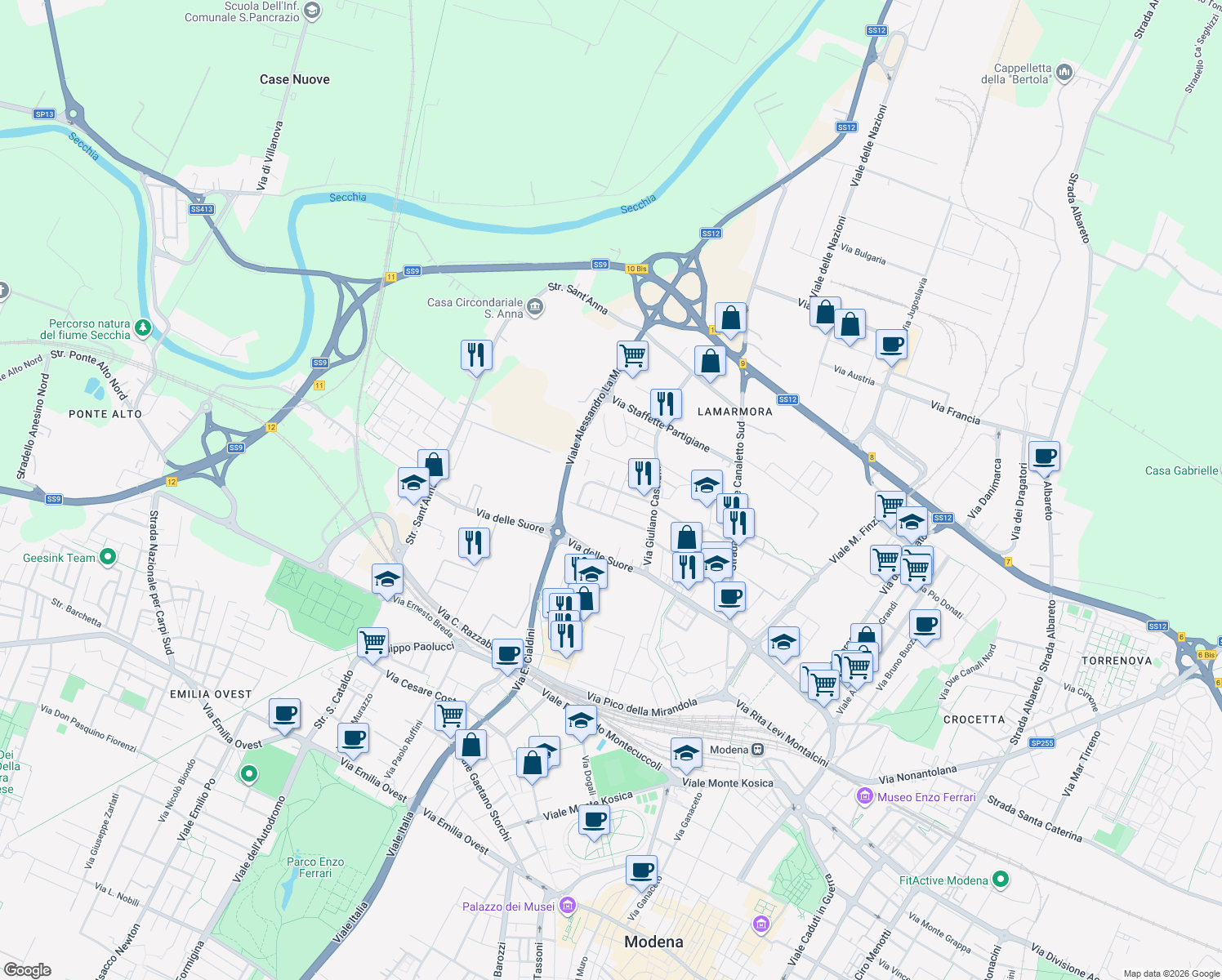 map of restaurants, bars, coffee shops, grocery stores, and more near 55 Via Benedetto Croce in Modena