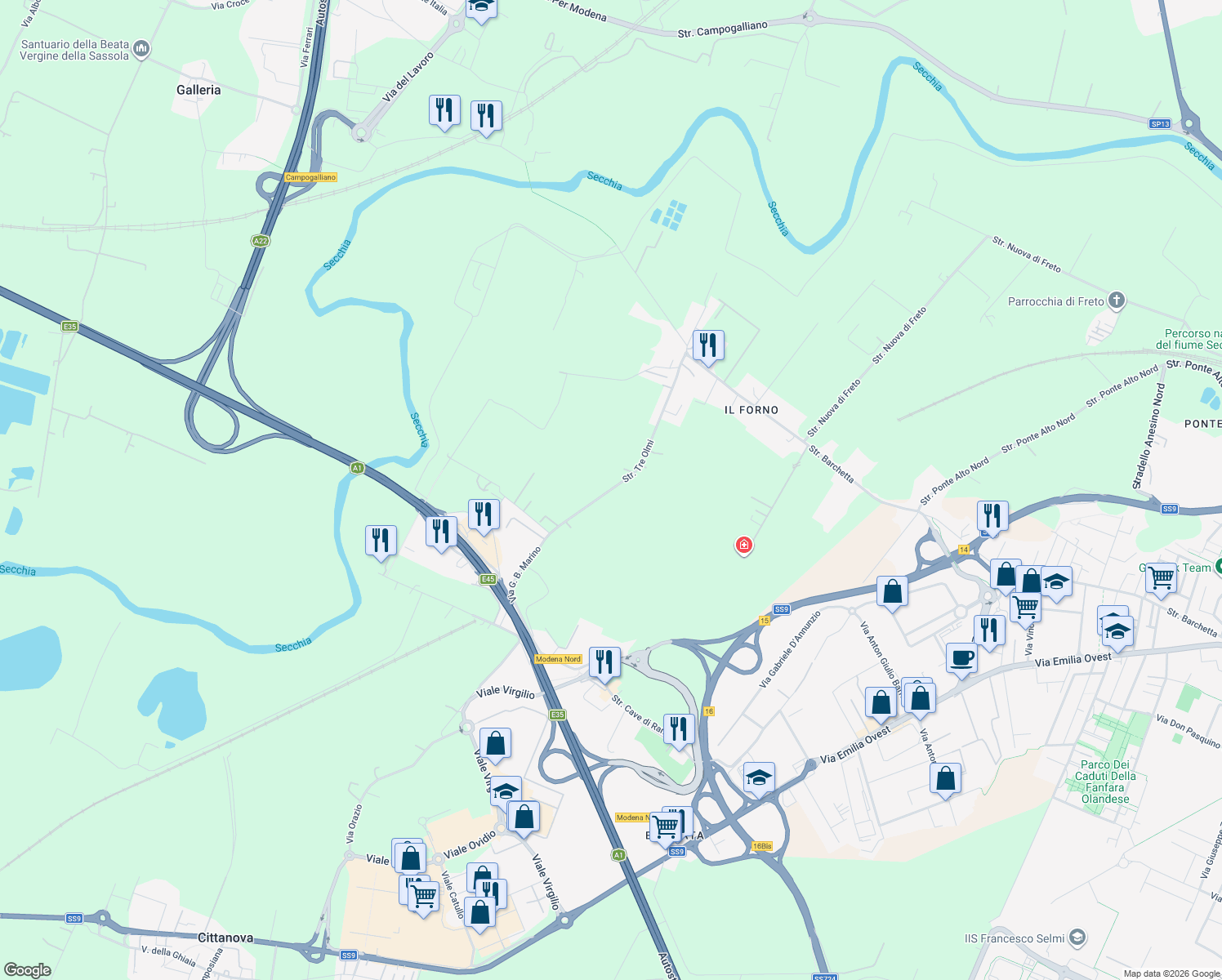 map of restaurants, bars, coffee shops, grocery stores, and more near 60 Strada Tre Olmi in Modena