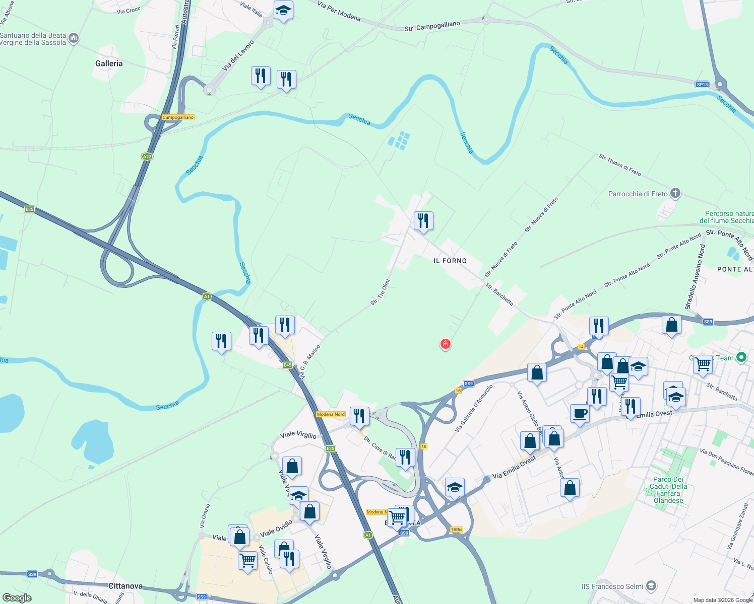 map of restaurants, bars, coffee shops, grocery stores, and more near 60 Strada Tre Olmi in Modena
