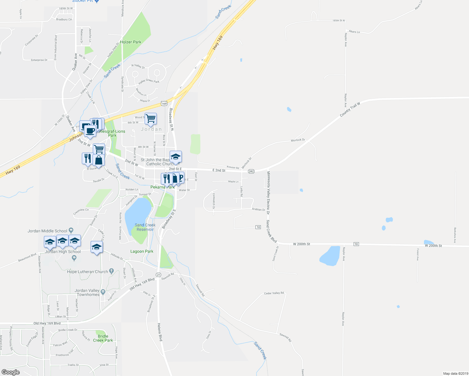 map of restaurants, bars, coffee shops, grocery stores, and more near 917 Colony Court in Jordan