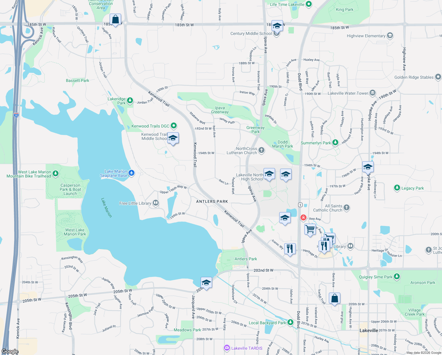 map of restaurants, bars, coffee shops, grocery stores, and more near 9851 Iteri Lane in Lakeville