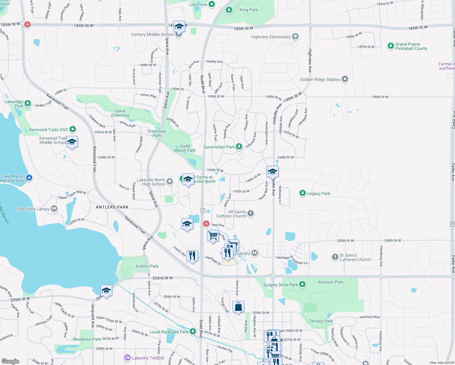 map of restaurants, bars, coffee shops, grocery stores, and more near 19597 Iberis Avenue in Lakeville