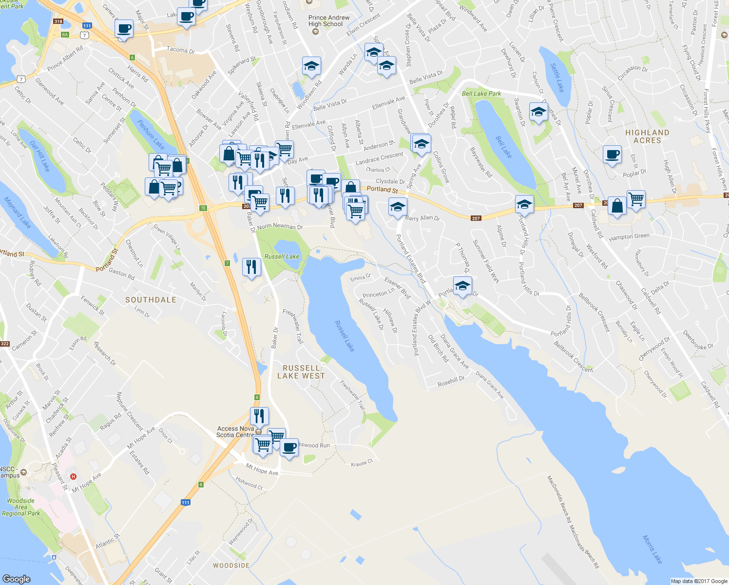 map of restaurants, bars, coffee shops, grocery stores, and more near 24 Princeton Lane in Dartmouth