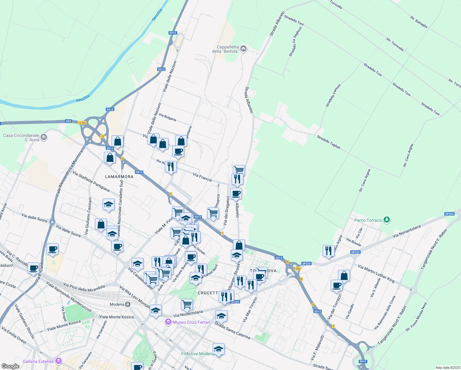 map of restaurants, bars, coffee shops, grocery stores, and more near in Modena
