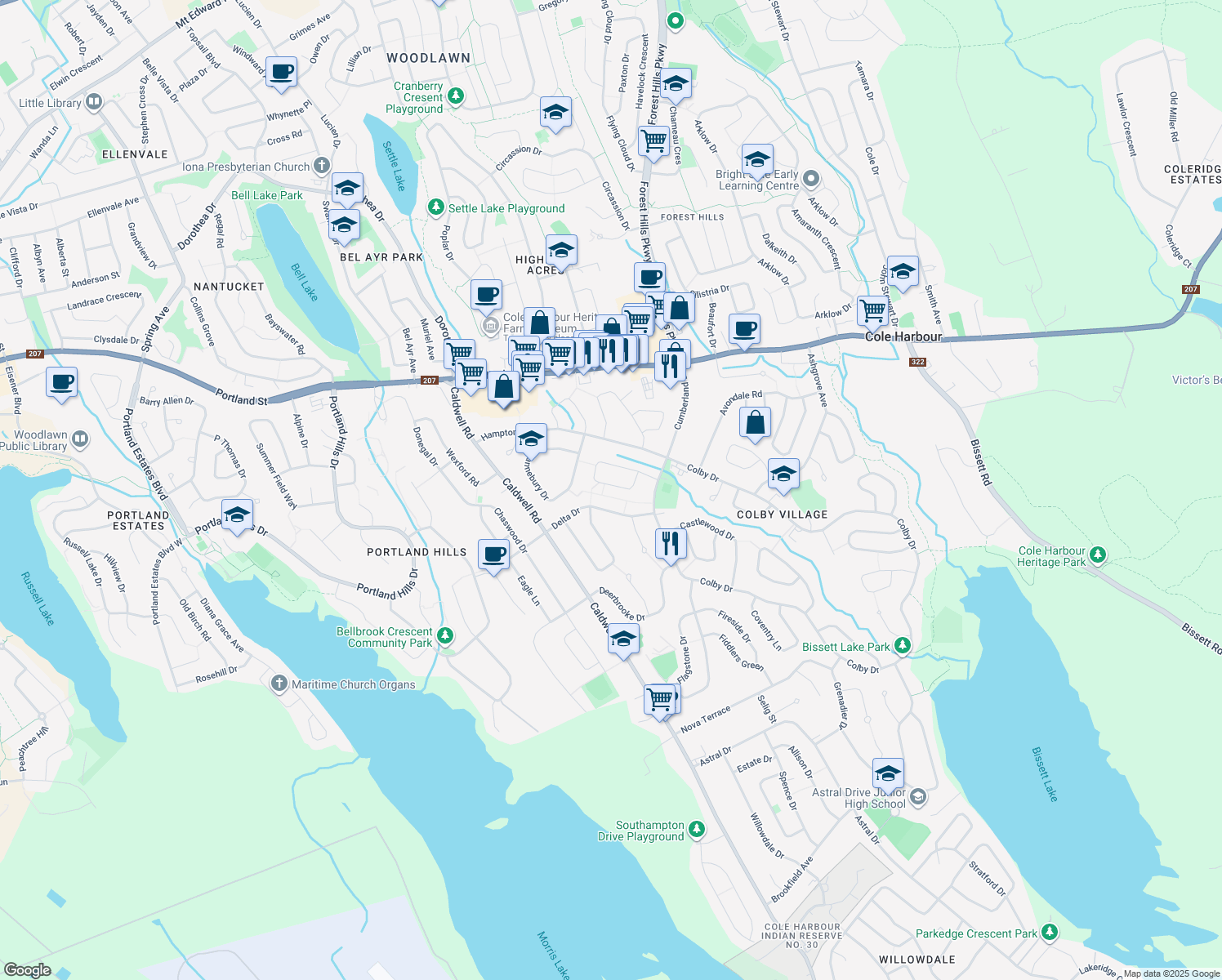 map of restaurants, bars, coffee shops, grocery stores, and more near 95 Hardisty Court in Dartmouth