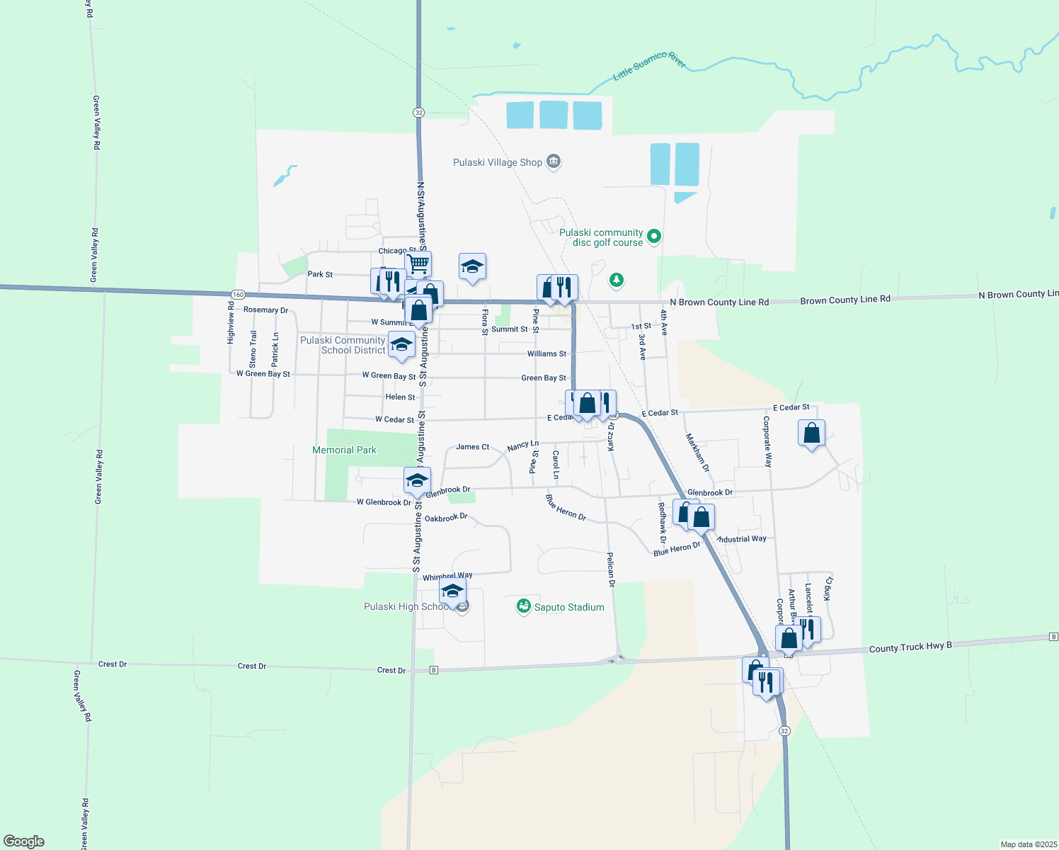 map of restaurants, bars, coffee shops, grocery stores, and more near 268 E Cedar St in Pulaski