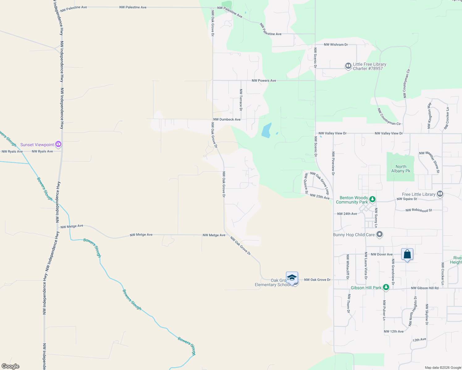 map of restaurants, bars, coffee shops, grocery stores, and more near 2629 Northwest Oak Grove Drive in Albany