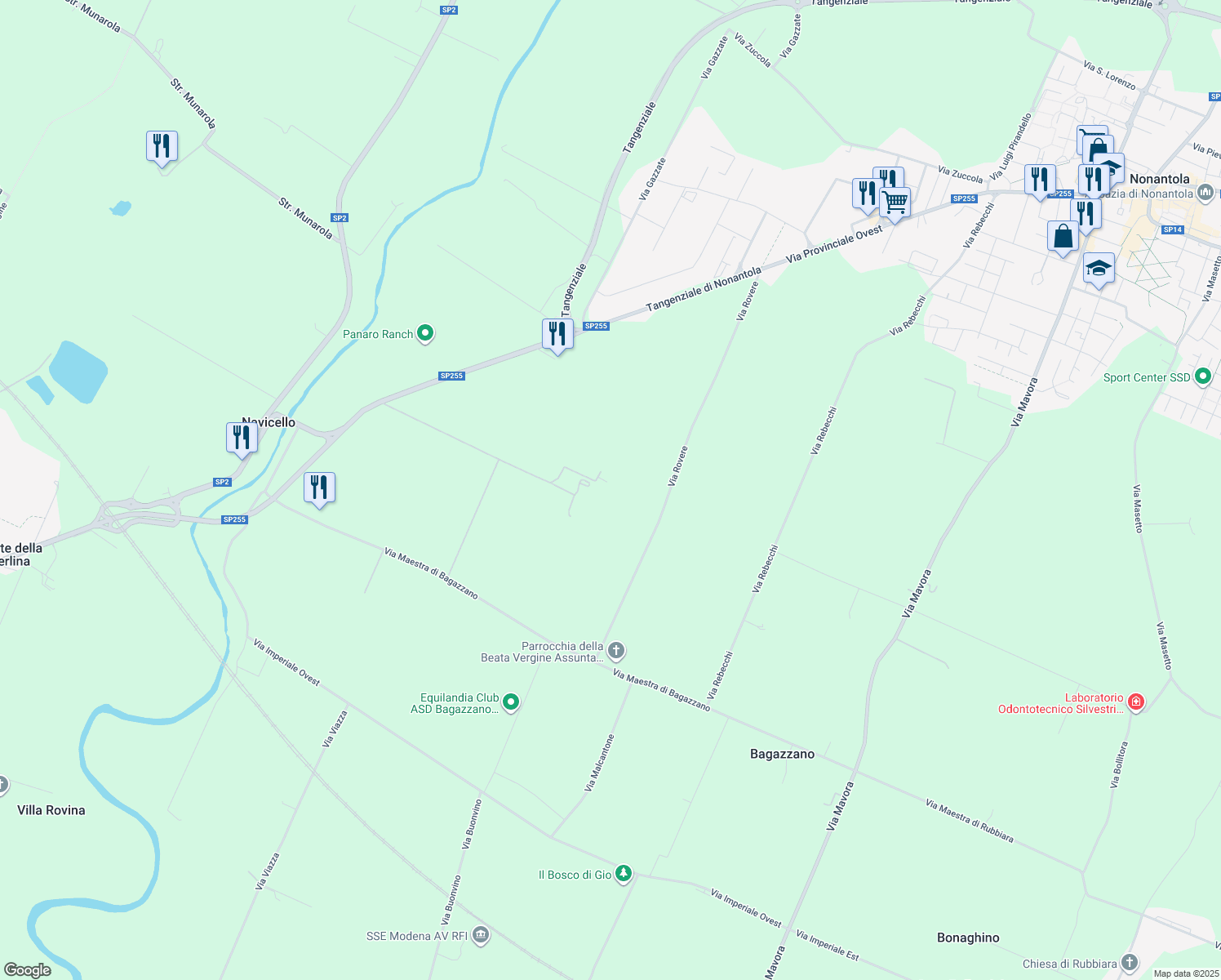 map of restaurants, bars, coffee shops, grocery stores, and more near 141 Via Provinciale Ovest in Nonantola