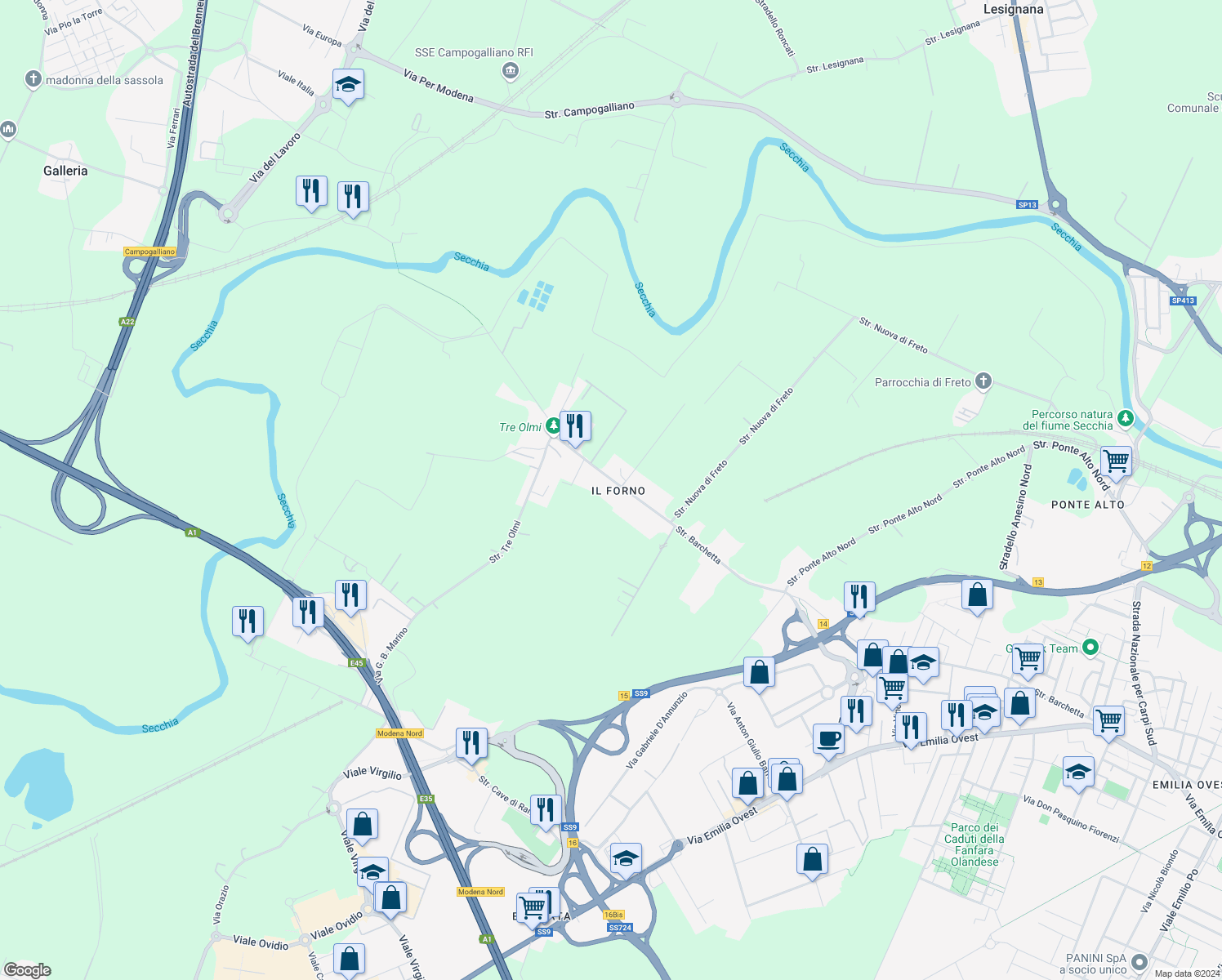 map of restaurants, bars, coffee shops, grocery stores, and more near 393 Strada Barchetta in Modena