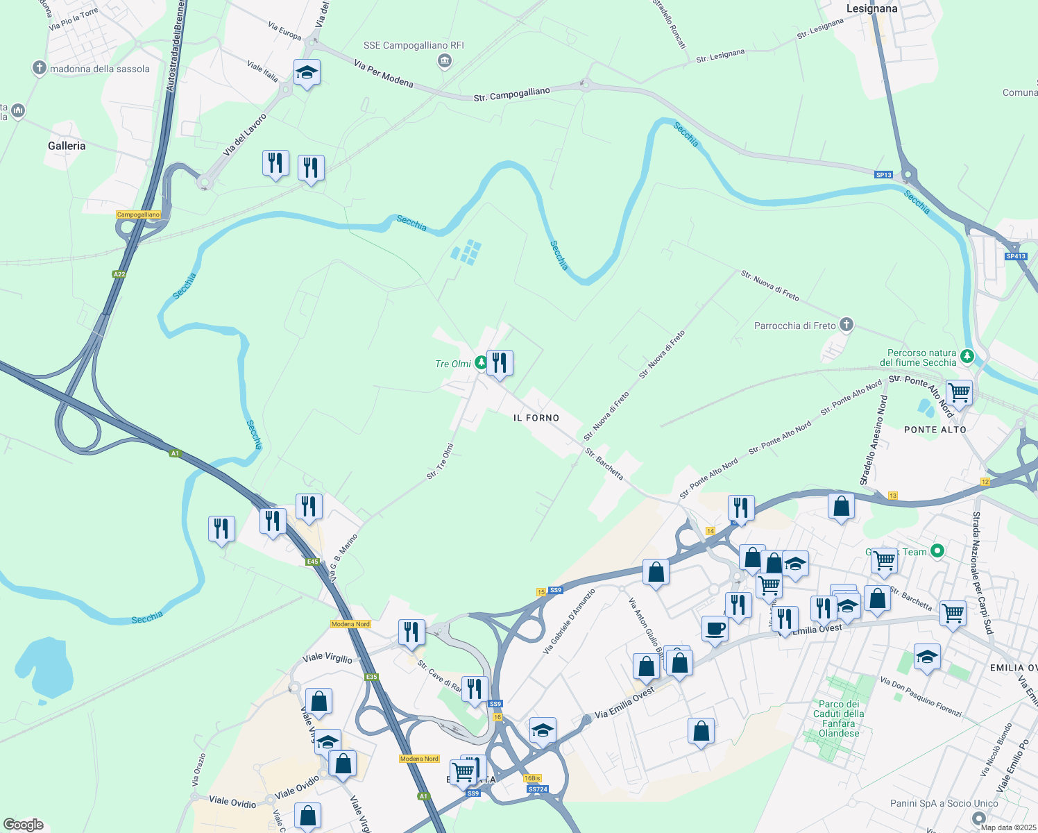 map of restaurants, bars, coffee shops, grocery stores, and more near 393 Strada Barchetta in Modena