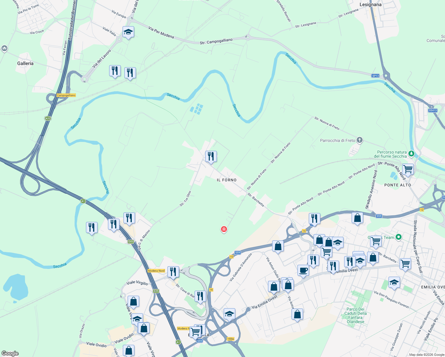 map of restaurants, bars, coffee shops, grocery stores, and more near 393 Strada Barchetta in Modena