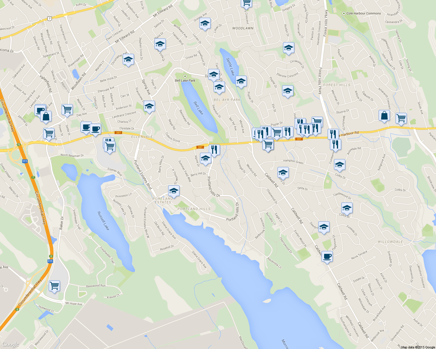 map of restaurants, bars, coffee shops, grocery stores, and more near 38 Whitehall Crescent in Dartmouth