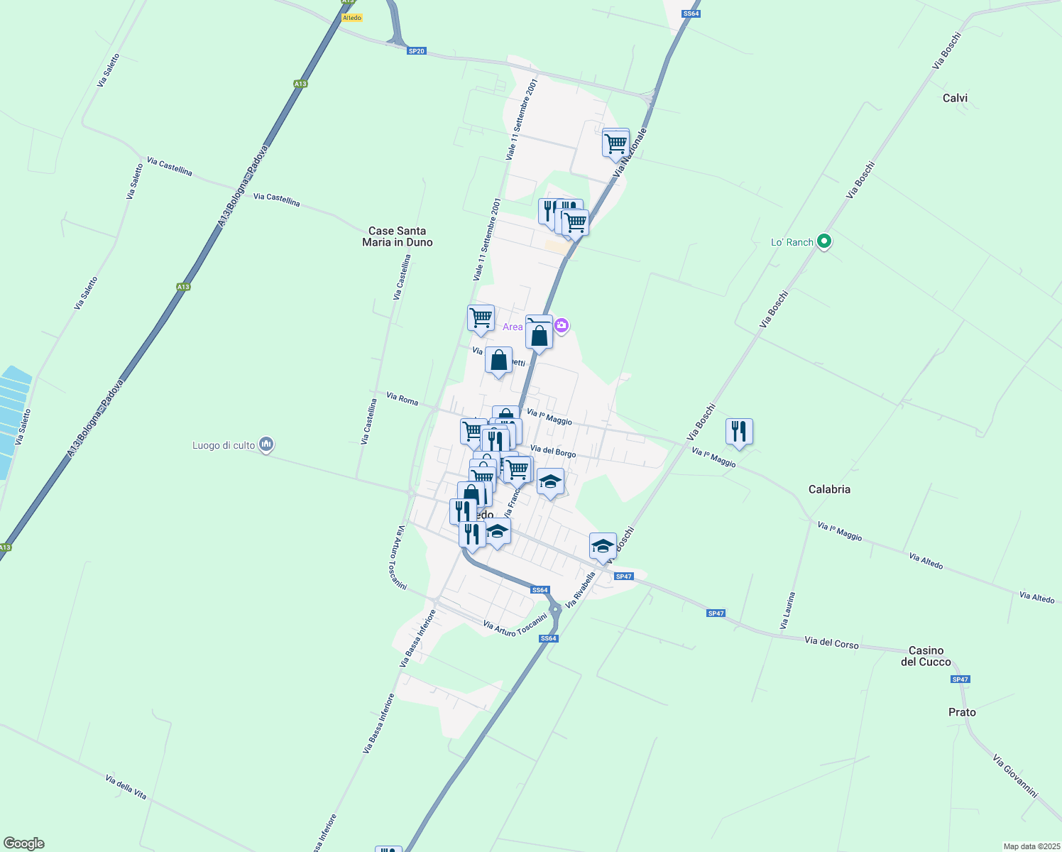 map of restaurants, bars, coffee shops, grocery stores, and more near 7 Via Enrico Fermi in Altedo