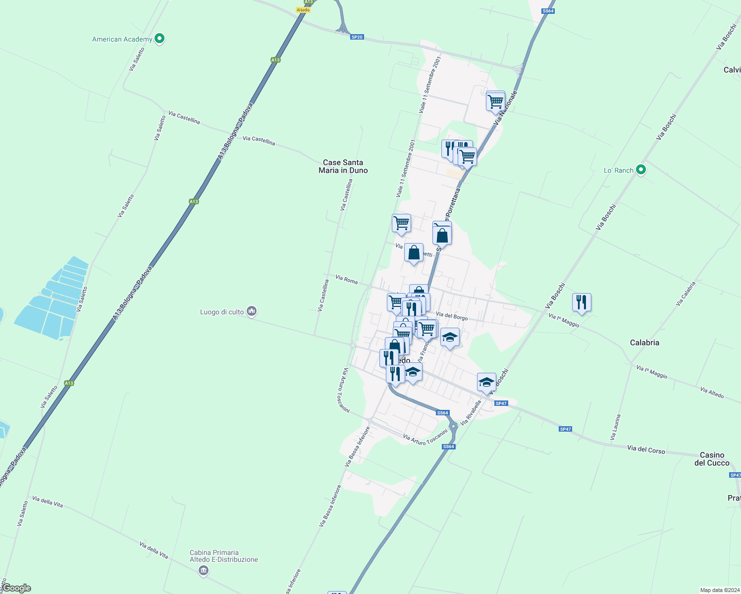 map of restaurants, bars, coffee shops, grocery stores, and more near 29 Via Marino Ortolani in Malalbergo