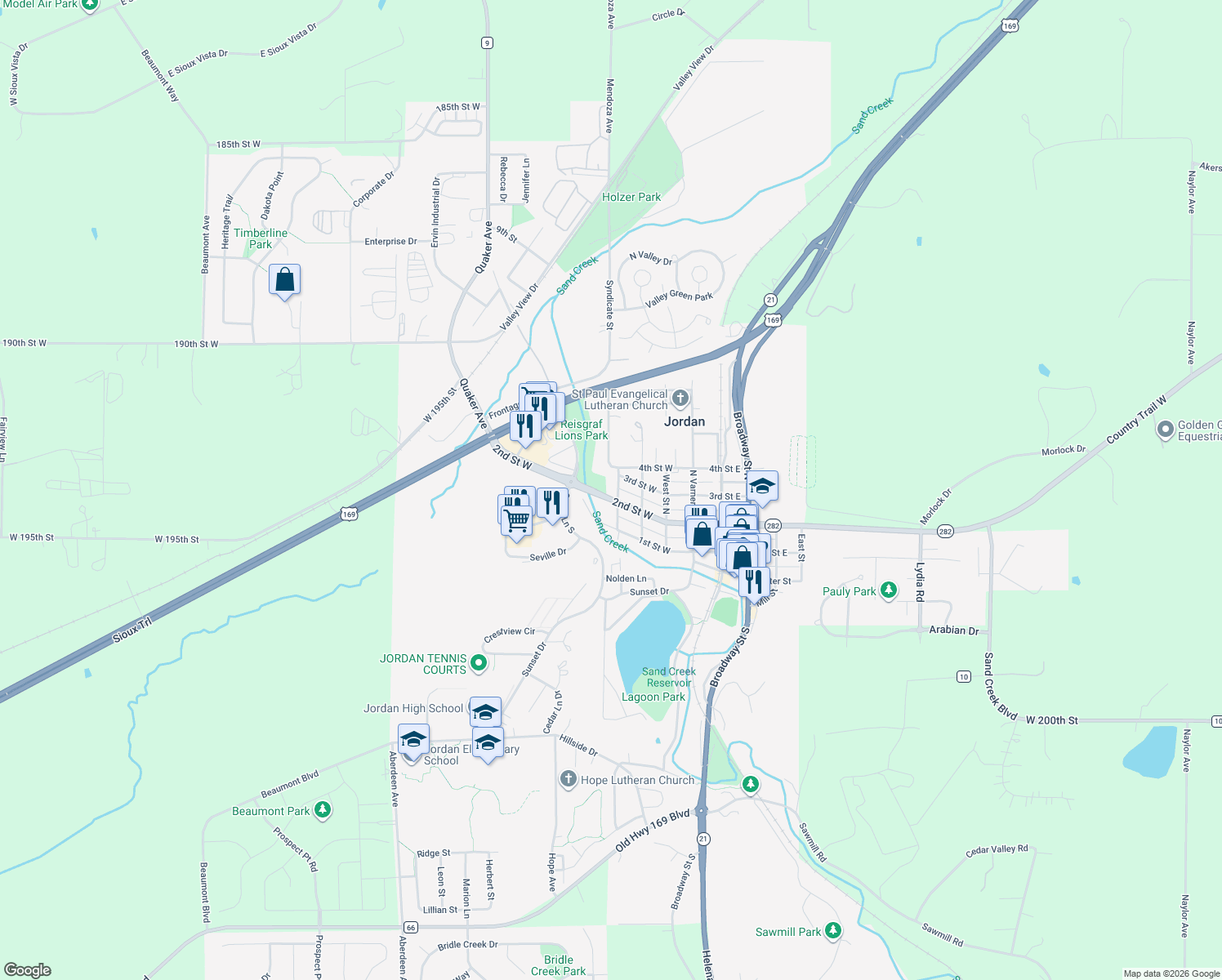 map of restaurants, bars, coffee shops, grocery stores, and more near 204 Mertens Street in Jordan