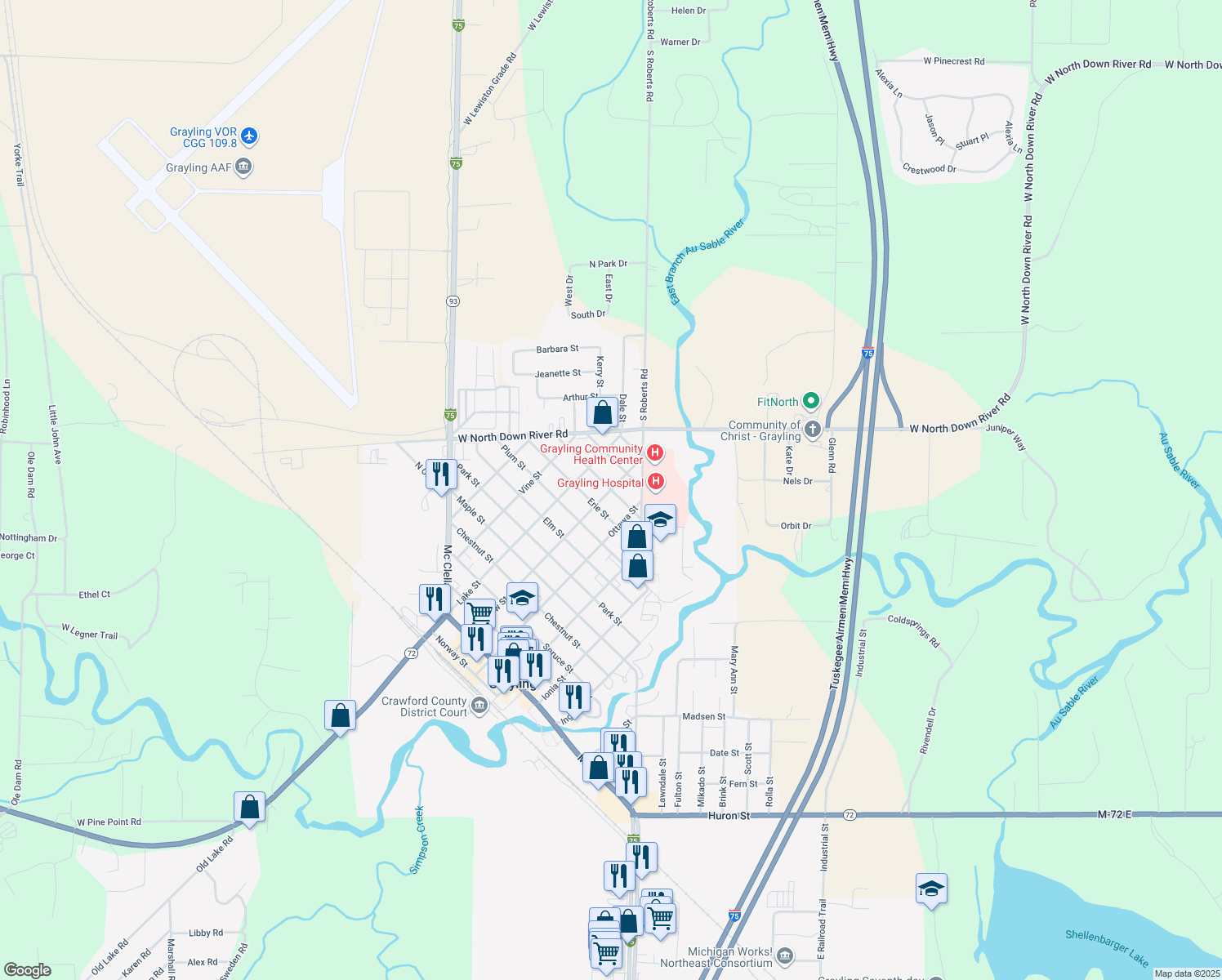 map of restaurants, bars, coffee shops, grocery stores, and more near 599 Rose St in Grayling