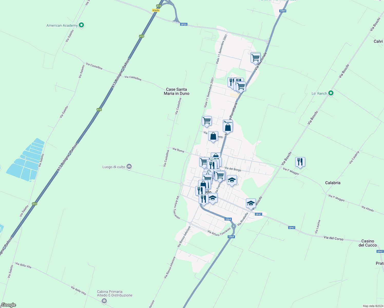 map of restaurants, bars, coffee shops, grocery stores, and more near 29 Via Marino Ortolani in Malalbergo