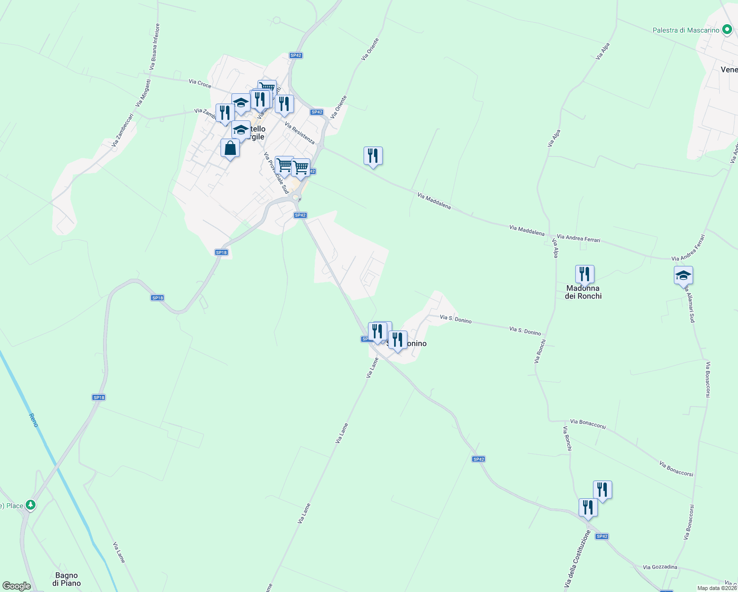 map of restaurants, bars, coffee shops, grocery stores, and more near 50 Via Provinciale Sud in Castello D'argile