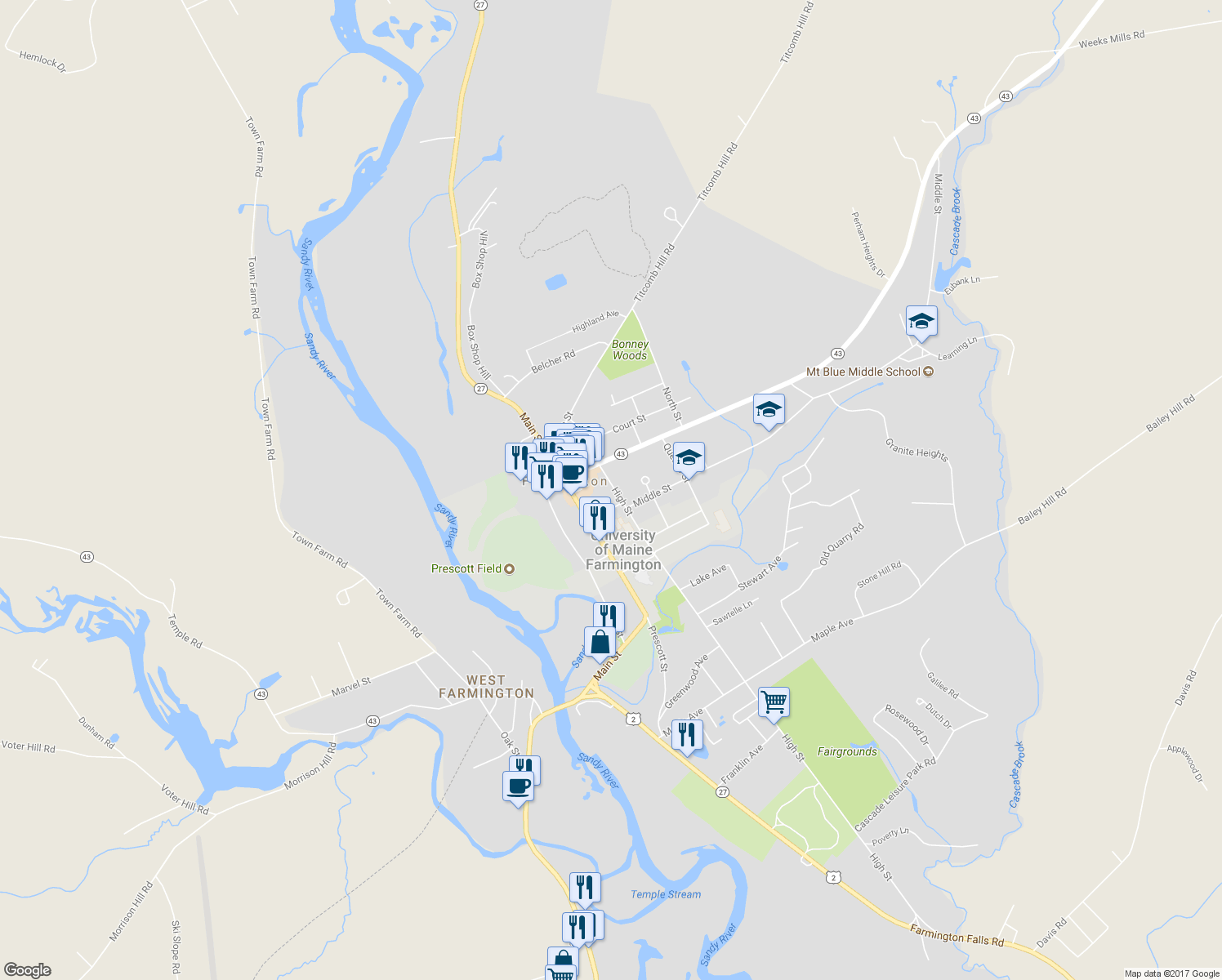 map of restaurants, bars, coffee shops, grocery stores, and more near 145 High Street in Farmington