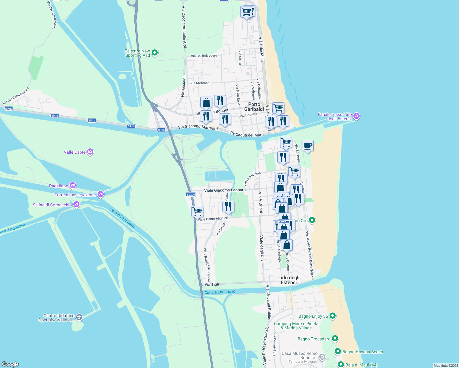 map of restaurants, bars, coffee shops, grocery stores, and more near 16 Via Ippocampo in Lido degli Estensi